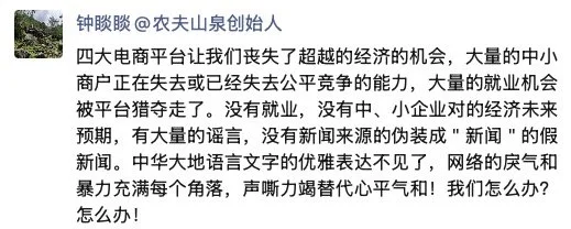 鐘睒睒炮轟四大電商平臺：讓更多的人失業(yè)、中小經(jīng)營戶的“周扒皮”