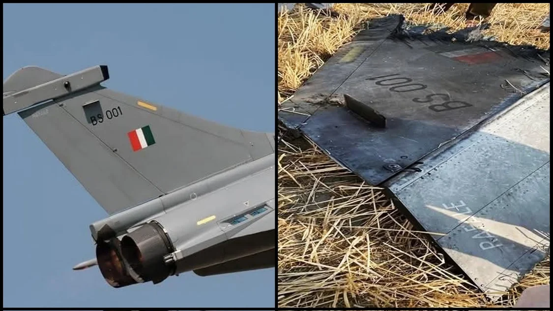 網(wǎng)傳印軍被擊落飛機殘?。ㄓ遥?，以及此前印度空軍序列號為“BS 001”的陣風(fēng)戰(zhàn)機照片。 社交媒體