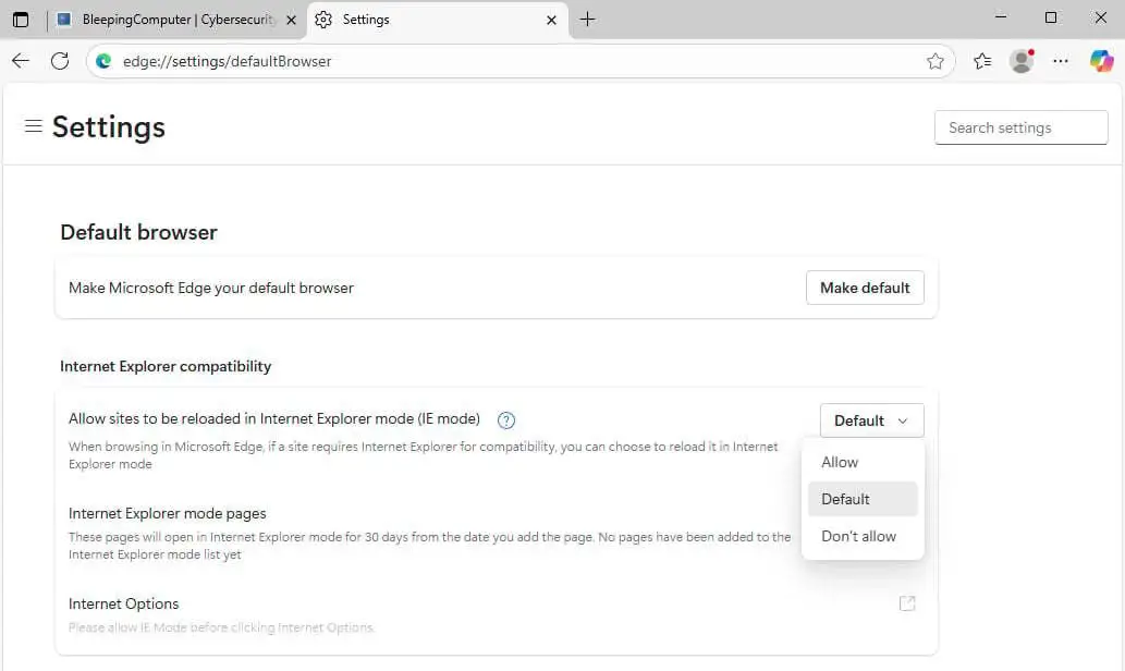 Edge setting for IE mode