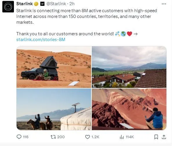 馬斯克“星鏈”全球用戶數(shù)量突破800萬 平均日增14250個新用戶