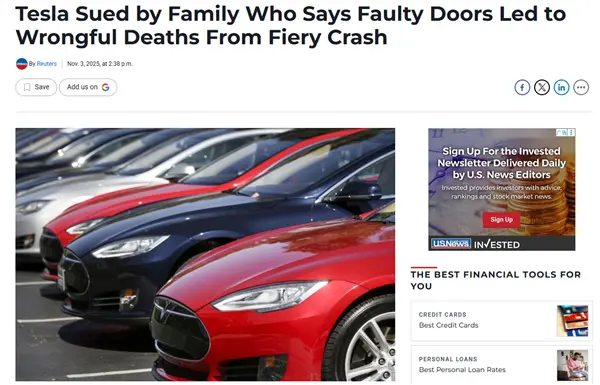 特斯拉遭訴訟:Model S事故后起火 車門無法打開致5人死亡