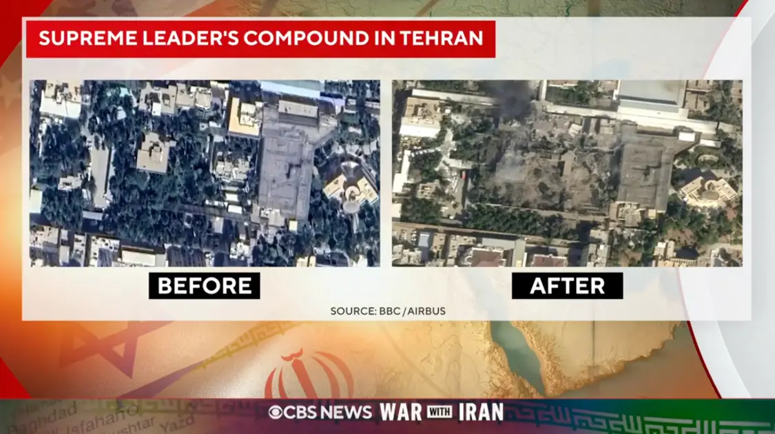 卫星图显示哈梅内伊位于德黑兰的住所遭袭前后的对比景象。图源：CBS视频截图