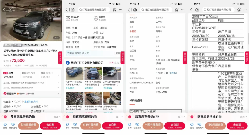 拍卖页面显示的车辆信息 受访者供图